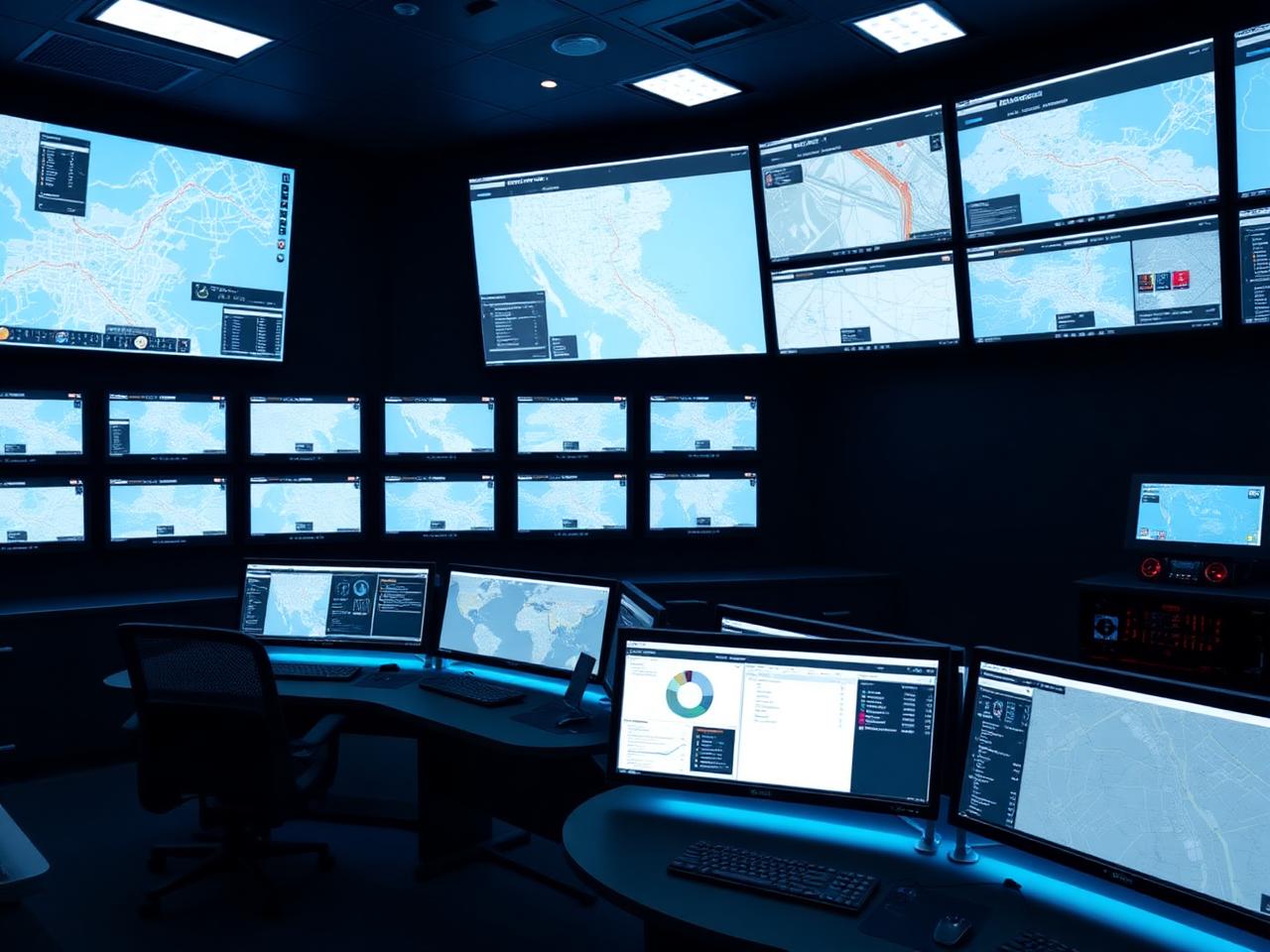 Fleet control room with live GPS tracking dashboards