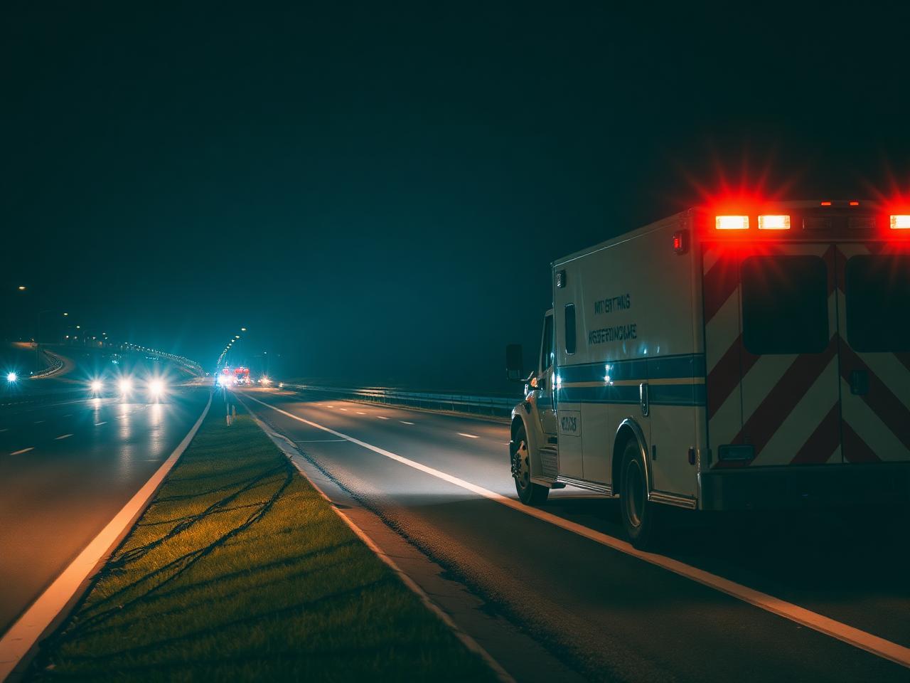 Emergency response vehicle on a highway at night